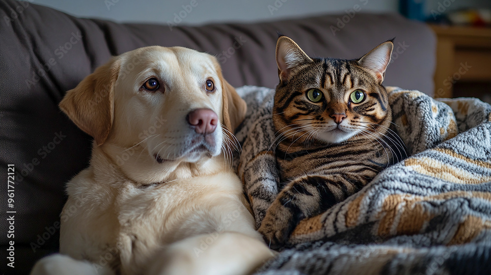 Labrador Retriever and Bengal cat sharing peaceful moment on the couch Labrador Retriever and Bengal cat sharing peaceful moment on the couch
