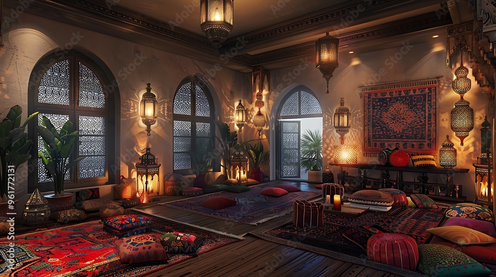 Obraz premium Moroccan-inspired bedroom with vibrant colors and intricate, exotic decor patterns.