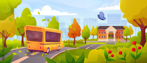 School bus. Road to building. Kids education. Trip to campus. University architecture. Street yard in students college town. Primary academy. Autumn trees. City house view. Vector cartoon background