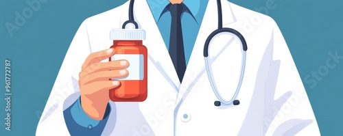 Flat design of a doctor holding a pill bottle, symbolizing medication as part of obesity treatment, isolated background, close-up.