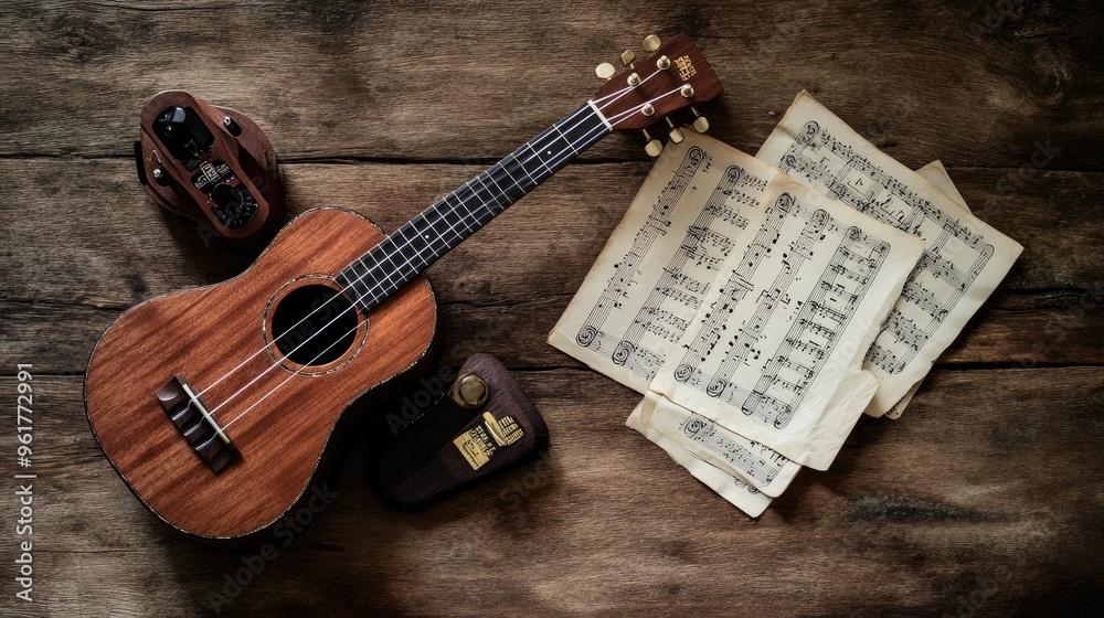 Fototapeta premium A flat lay of a ukulele, guitar tuner, and sheet music, placed creatively on a wooden surface with soft natural lighting.