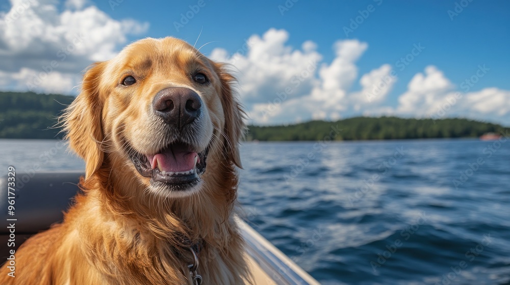 A happy golden retriever enjoying a boat ride on a sunny day by the water. A happy golden retriever enjoying a boat ride on a sunny day by the water.