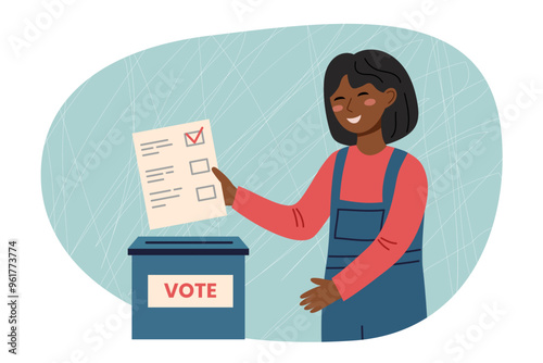 Woman with voting ballot and ballot box. Election campaign concept, vector illustration in flat style. Vote 2024.