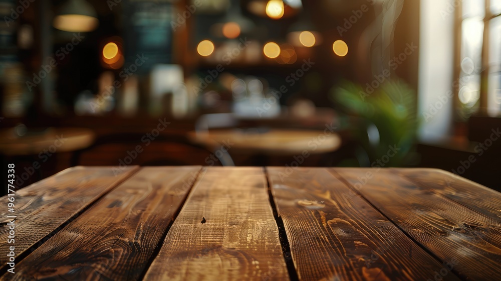 Wooden table with blurred background for product display in cafe or bistro. Wooden table with blurred background for product display in cafe or bistro.