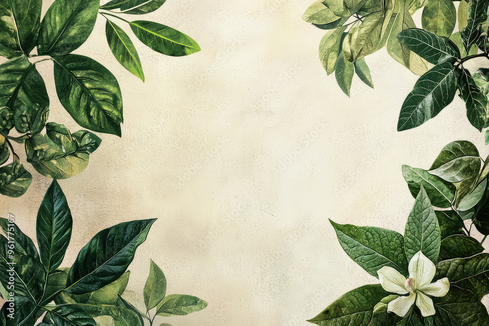 A Lush Embrace: Vibrant Green Foliage Creates a Serene Frame Around a Soft, Off-White Background. A Lush Embrace: Vibrant Green Foliage Creates a Serene Frame Around a Soft, Off-White Background.