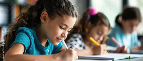 A girl is writing in a book with a pencil