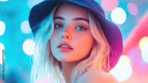 A young woman with long blonde hair and a stylish hat, captured against a vibrant, colorful background featuring soft bokeh effects.