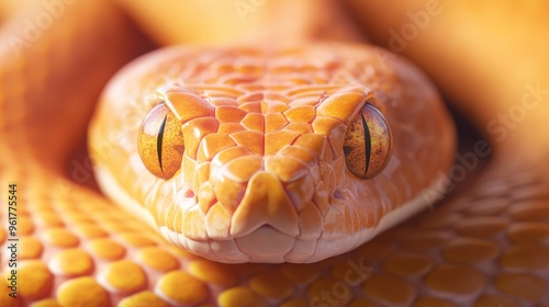 Close-up of an orange snake showcasing intricate scales and piercing eyes, highlighting the beauty of reptilian features.