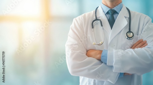 Confident doctor in white coat with stethoscope, representing professionalism and care in a modern medical environment.