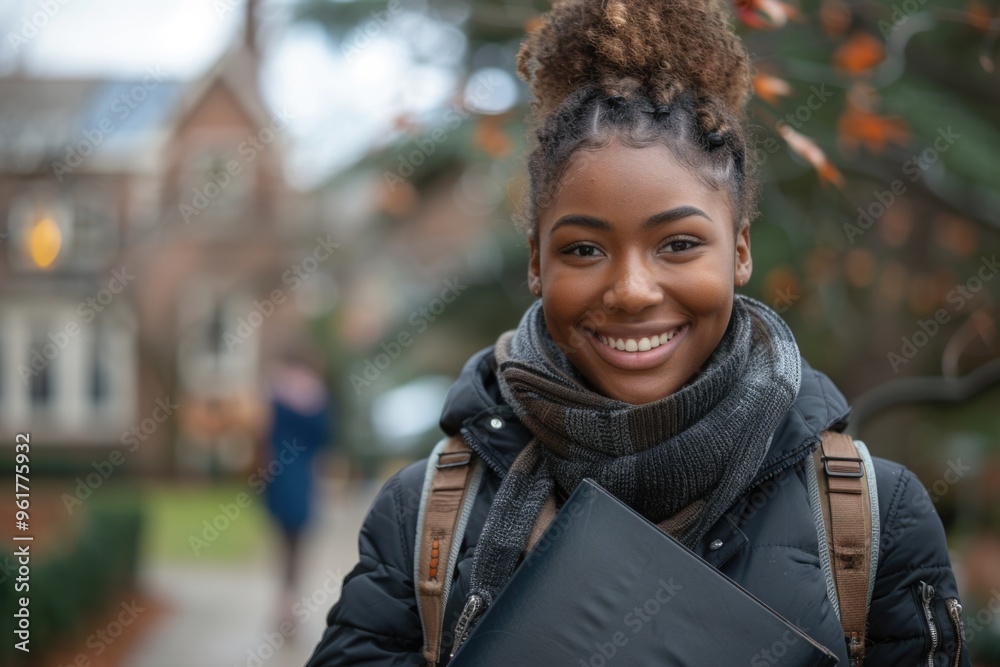 A smiling young woman wearing a black jacket and scarf is holding a black book A smiling young woman wearing a black jacket and scarf is holding a black book