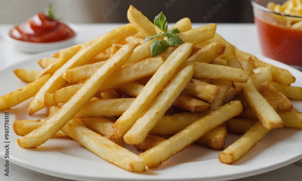 Golden Homemade French Fries Displayed on Bright White Surface, Generative Ai Golden Homemade French Fries Displayed on Bright White Surface, Generative Ai