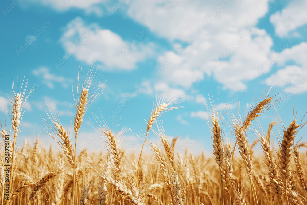 Golden Wheat Stalks Reach for the Sky, a Canvas of Blue and White Golden Wheat Stalks Reach for the Sky, a Canvas of Blue and White