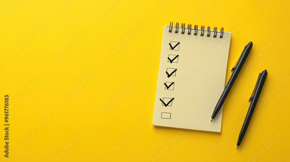 An important checklist for a business, such as a shopping list or project priority task list. Black pen on yellow notepad with a checkbox on a yellow background with space for copying. An important checklist for a business, such as a shopping list or project priority task list. Black pen on yellow notepad with a checkbox on a yellow background with space for copying.