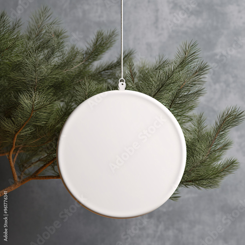 White blank round ceramic christmas ornament mockup. Hanging ceramic christmas element with Christmas tree branches concrete wall background. photo