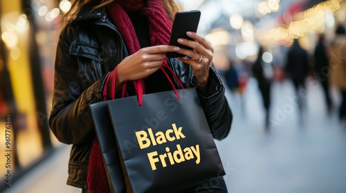 Black friday shopping - woman with smartphone and shopping bag in city street