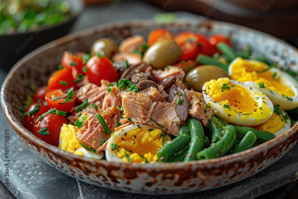 Salade nicoise A fresh Salade nicoise with tuna, hard-boiled eggs, olives, green beans, tomatoes, and anchovies, drizzled with vinaigrette Salade nicoise A fresh Salade nicoise with tuna, hard-boiled eggs, olives, green beans, tomatoes, and anchovies, drizzled with vinaigrette