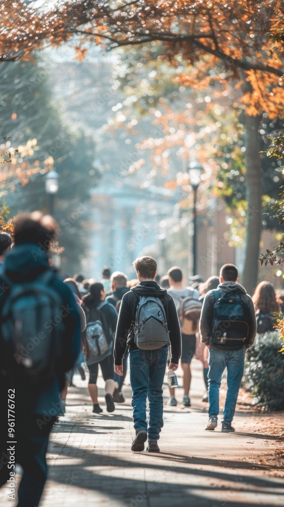 A group of people walking down a sidewalk, some of them carrying backpacks A group of people walking down a sidewalk, some of them carrying backpacks