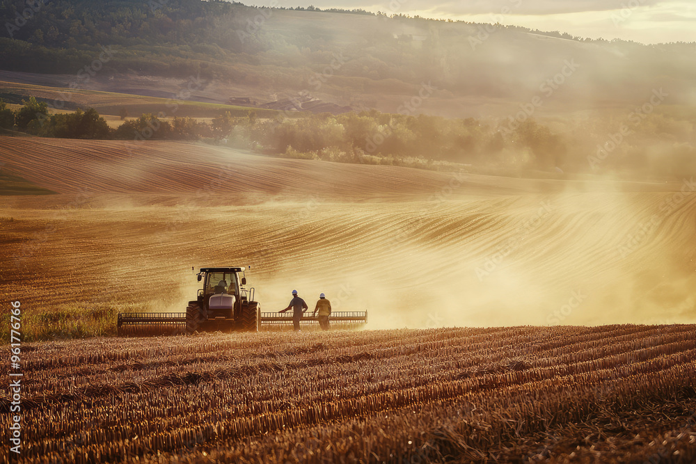 Fototapeta premium Golden Hour Harvest: Farmers work diligently in a field, bathed in the soft glow of the setting sun, their efforts painting a picture of rural life and dedication.