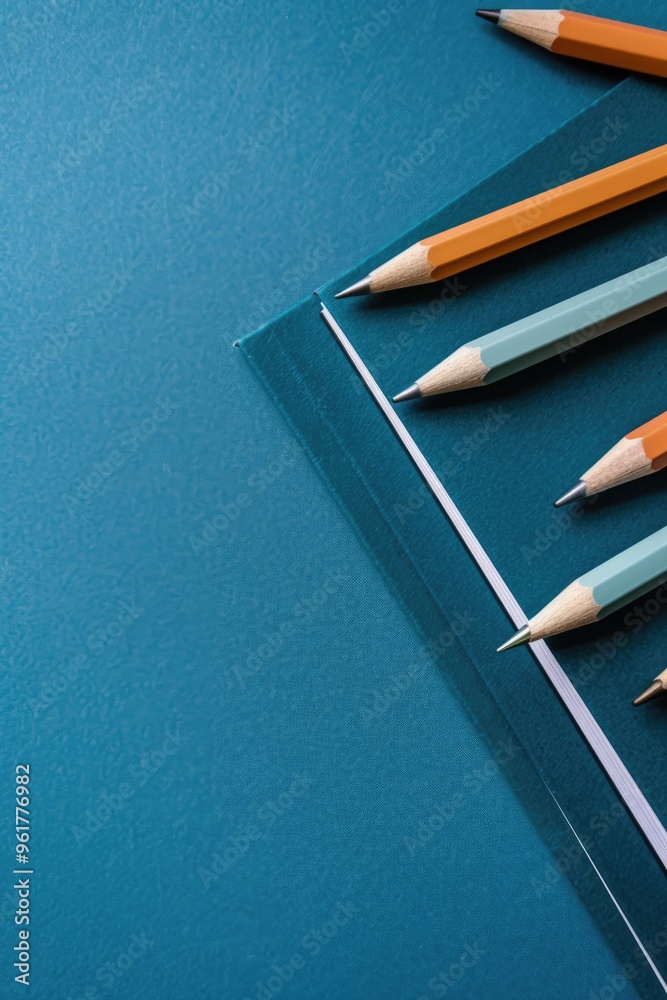 A blue background with a stack of pencils on top of a notebook A blue background with a stack of pencils on top of a notebook