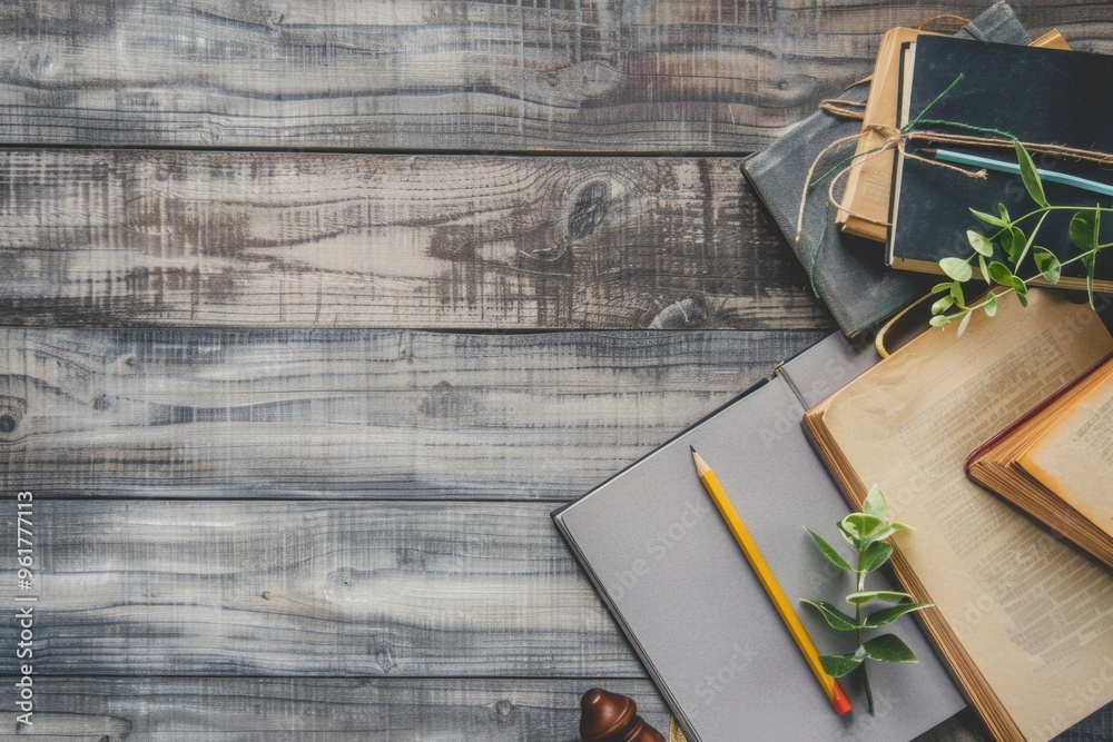A wooden table with a stack of books and a pencil A wooden table with a stack of books and a pencil