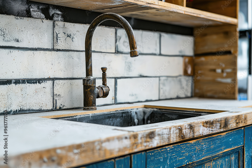 A Rustic Kitchen Sink Under Renovation: A Close-Up of a Brass Faucet and a Weathered Wooden Countertop A Rustic Kitchen Sink Under Renovation: A Close-Up of a Brass Faucet and a Weathered Wooden Countertop