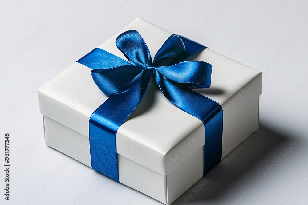 Obraz premium A beautifully wrapped white gift box with a vibrant blue ribbon on a plain background, perfect for any special occasion