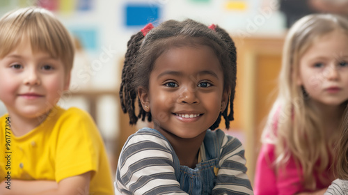 Fröhliche, diverse Schulkinder im Unterricht. Multikulturelle Klasse, positive Lernatmosphäre. Inklusion, Bildung. Authentische Interaktion. Heller Klassenraum. Lifestyle, Zukunft photo