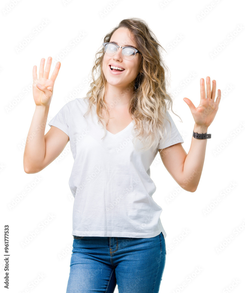 Beautiful young blonde woman wearing glasses over isolated background showing and pointing up with fingers number nine while smiling confident and happy. Beautiful young blonde woman wearing glasses over isolated background showing and pointing up with fingers number nine while smiling confident and happy.