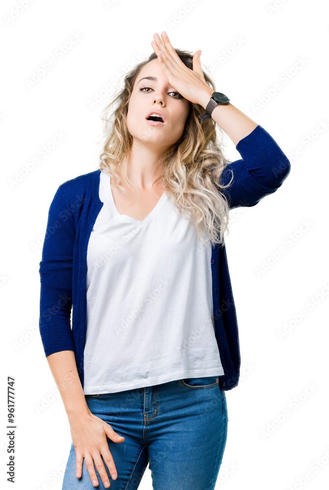 Beautiful young blonde woman over isolated background surprised with hand on head for mistake, remember error. Forgot, bad memory concept. Beautiful young blonde woman over isolated background surprised with hand on head for mistake, remember error. Forgot, bad memory concept.
