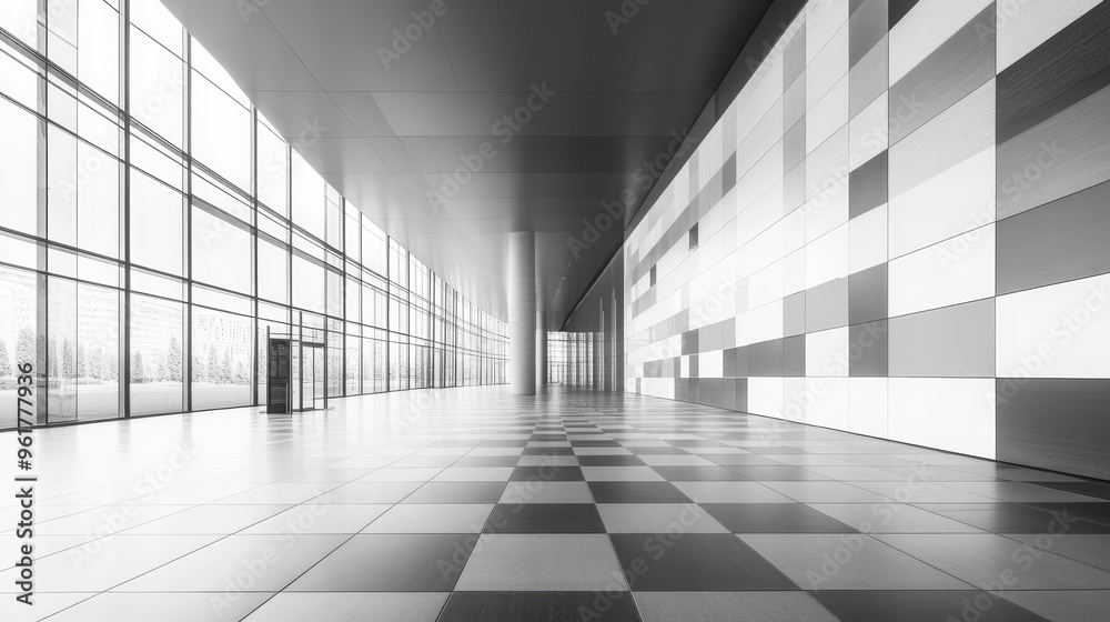 Reworked modern architecture showcasing a spacious empty area for text placement, featuring a minimalist and hi-tech design with black-and-white tilt effect and checkered wall panels Reworked modern architecture showcasing a spacious empty area for text placement, featuring a minimalist and hi-tech design with black-and-white tilt effect and checkered wall panels