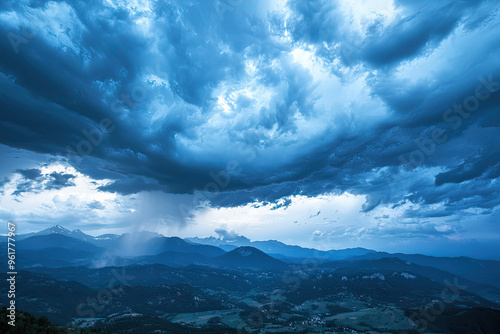 A Dramatic Thunderstorm Unfolds Over a Mountain Range, Casting an Eerie Glow Upon the Distant Peaks