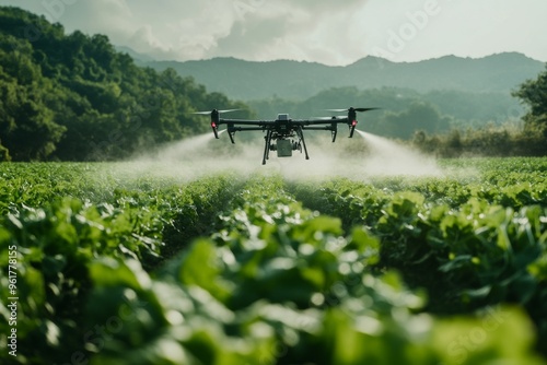 Agro Drone flight over field spraying agriculture photo