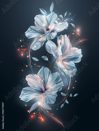 Illuminated cascading flowers with sparks on a dark background in an abstract style.
 photo