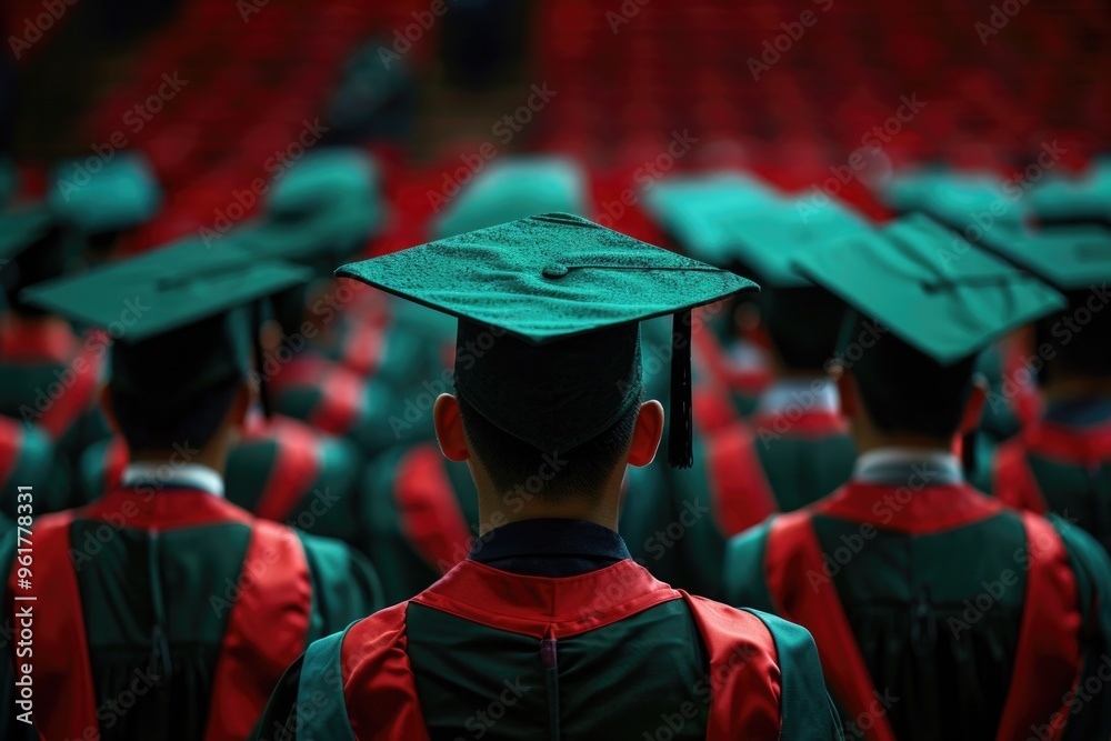 A group of people wearing green graduation caps and gowns are standing in a row