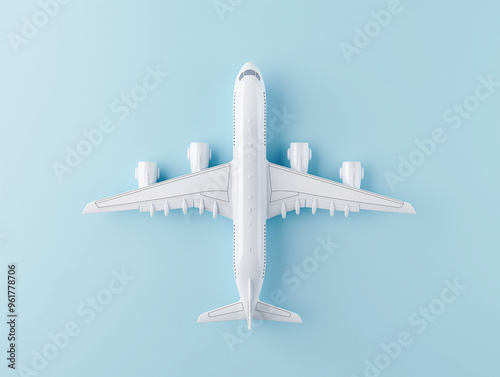 Minimalistic white airplane model in a serene, light blue environment.

