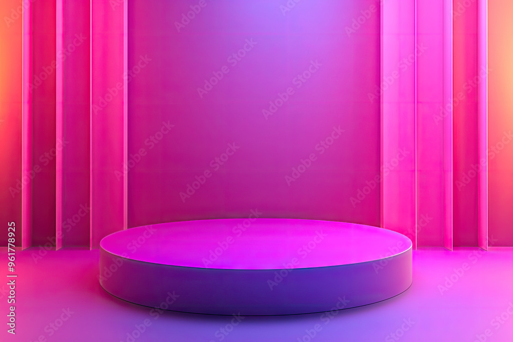 A Circular Platform Beckons in a Dreamy, Neon-Lit Studio. The Gradient Wall Creates a Surreal, Modern Atmosphere. A Circular Platform Beckons in a Dreamy, Neon-Lit Studio. The Gradient Wall Creates a Surreal, Modern Atmosphere.