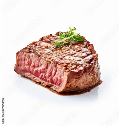 steak with sauce and herbs on white background