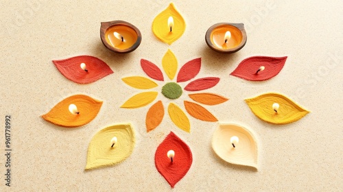 Colorful rangoli design with candles, showcasing vibrant patterns and a festive atmosphere. photo