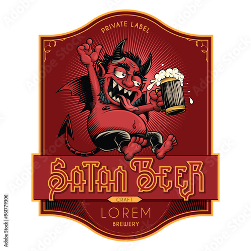 "Private Label. Satan Beer. Brewery" - craft beer label design. Vector illustration in engraving technique of cute tipsy devil holding beer mug.