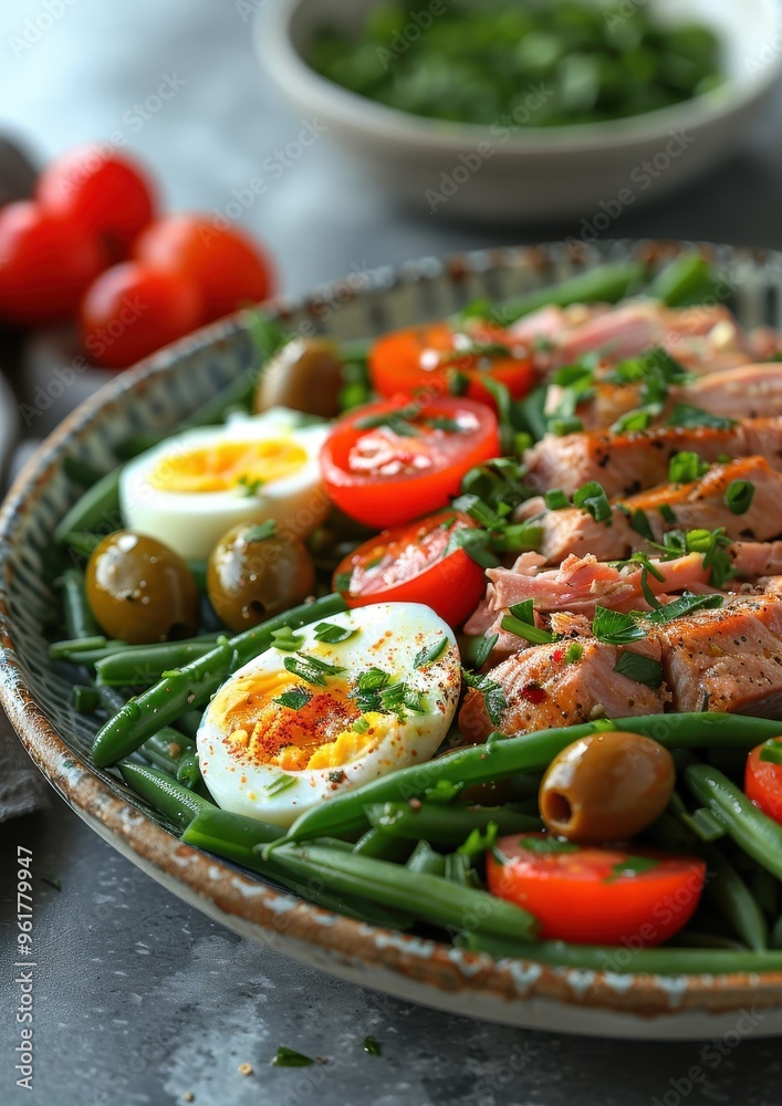 Salade nicoise A fresh Salade nicoise with tuna, hard-boiled eggs, olives, green beans, tomatoes, and anchovies, drizzled with vinaigrette Salade nicoise A fresh Salade nicoise with tuna, hard-boiled eggs, olives, green beans, tomatoes, and anchovies, drizzled with vinaigrette