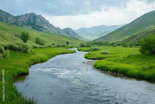 A Tranquil River Winds Through Lush Green Valley, Framed by Majestic Mountains Under a Serene Sky