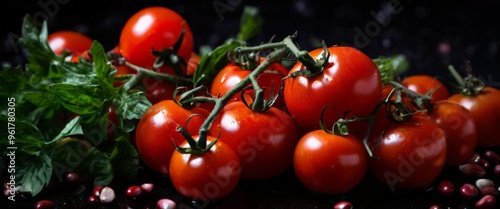 bunch tomatoes and basil on table