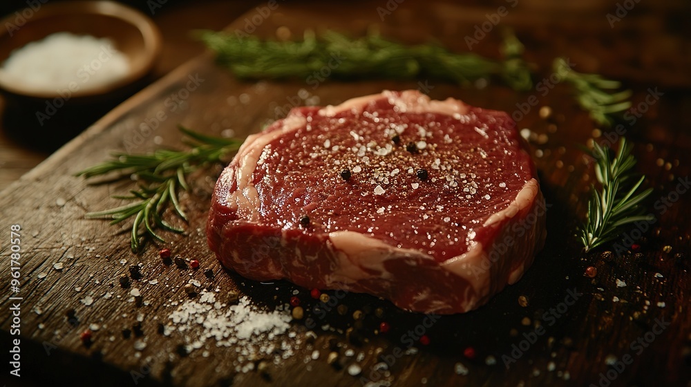 Juicy Raw Steak Displayed on Elegant Wooden Chopping Board with Seasoning for Gourmet Cooking, Steakhouse, and Fine Dining Experience Juicy Raw Steak Displayed on Elegant Wooden Chopping Board with Seasoning for Gourmet Cooking, Steakhouse, and Fine Dining Experience