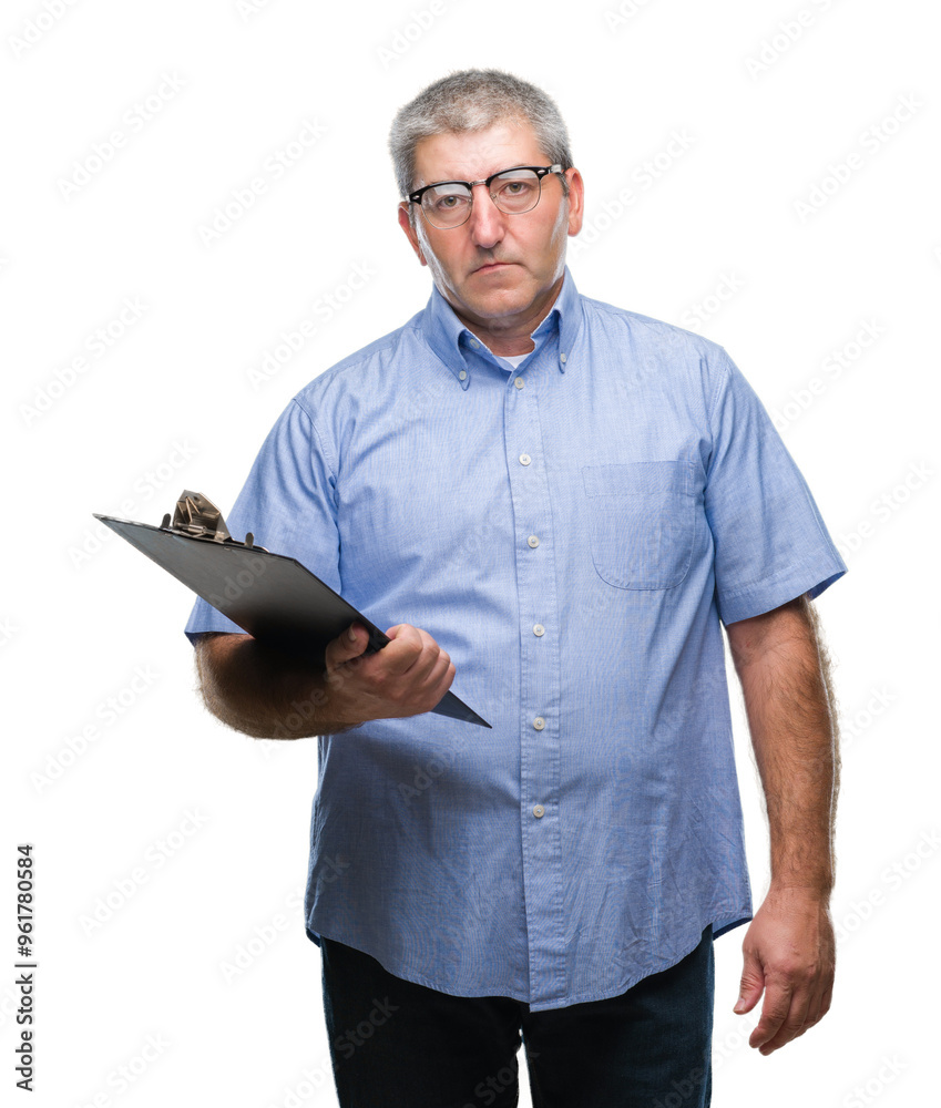 Handsome senior inspector man holding clipboard over isolated background with a confident expression on smart face thinking serious Handsome senior inspector man holding clipboard over isolated background with a confident expression on smart face thinking serious