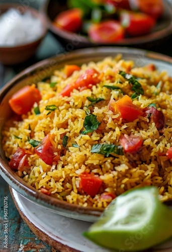 bowl mexican rice with tomatoes and cines