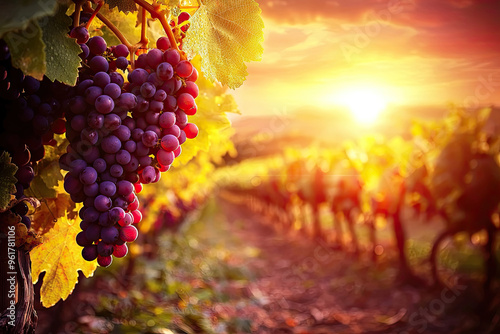 Sun-kissed Grapes: A Vineyard's Golden Hour at Sunset