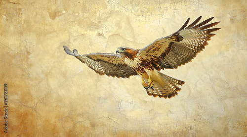 Vintage painting of a hawk soaring across a textured, rustic background.
 photo