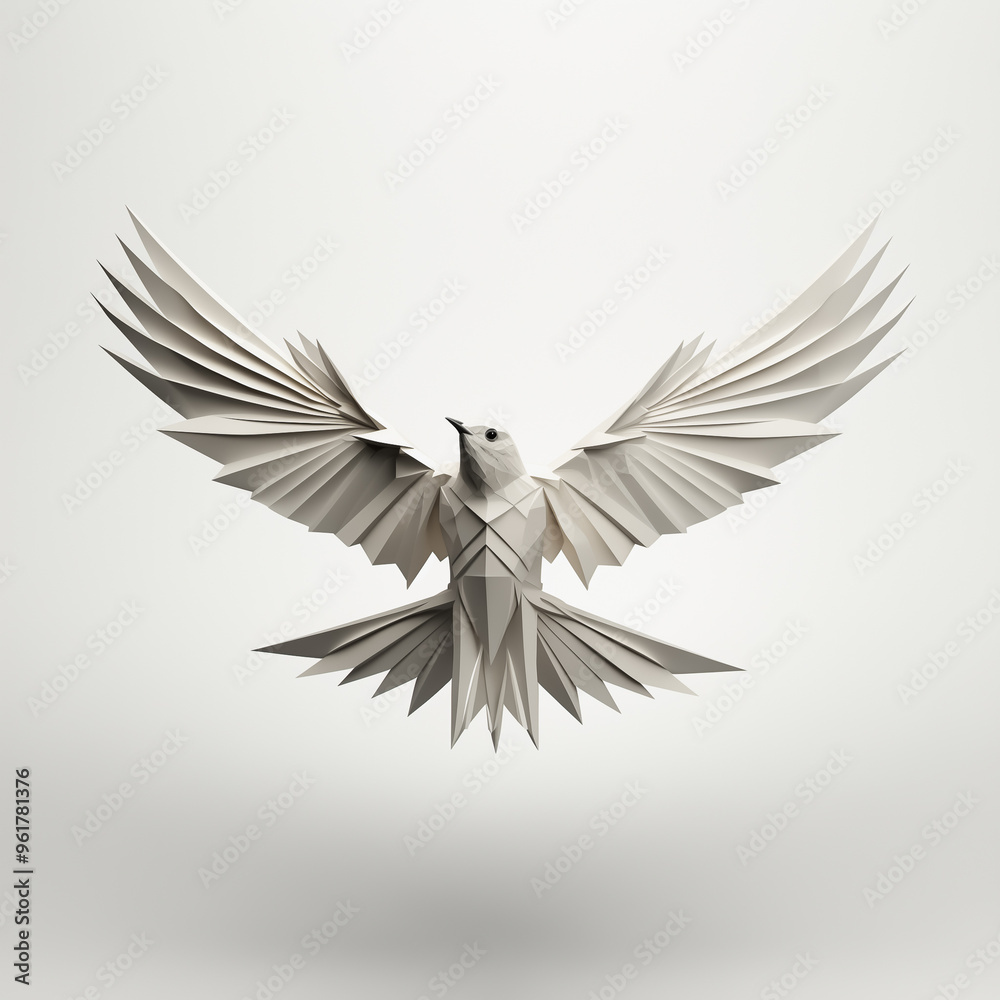 Naklejka premium Origami dove sculpture in mid-flight against a white backdrop. 