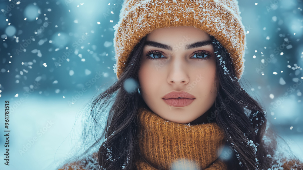 A model wearing the latest winter fashion trends, with a snowy outdoor backdrop or a cozy indoor setting A model wearing the latest winter fashion trends, with a snowy outdoor backdrop or a cozy indoor setting