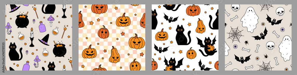 Halloween seamless patterns. Witchcraft, withcore aesthetic background. Happy Halloween. Halloween seamless patterns. Witchcraft, withcore aesthetic background. Happy Halloween.